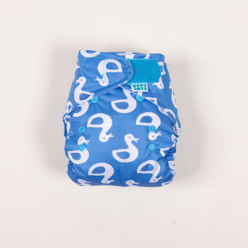 blue reusable nappy with duck print