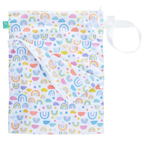 Wet and dry nappy bag from TotsBots in pastel rainbow, cloud and dotty print