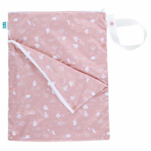 Wet and dry reusable nappy storage bag, flat lay showing popers to detach section, Shoreline cameo pink, Nature's Rainbow collection