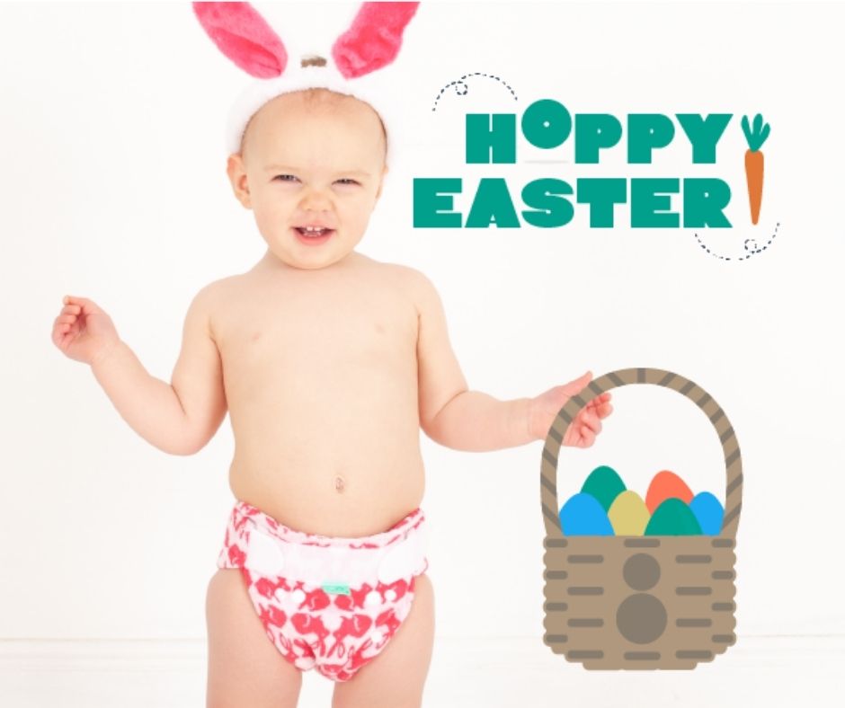 Easter colouring in sheet download, baby with bunny ears holding a basket with eggs in it