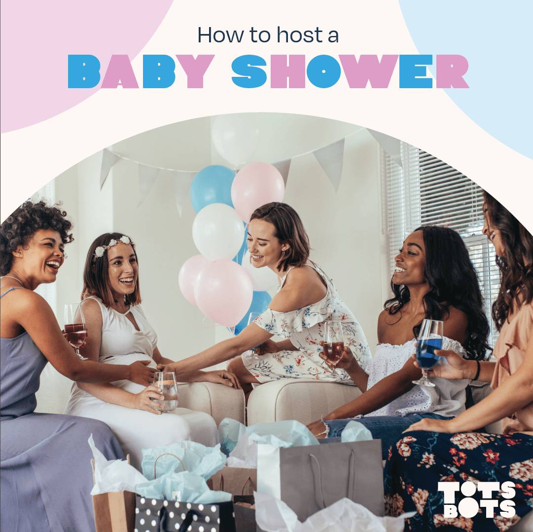 how to host a baby shower blog image, totsbots party, women sat around having fun with expectant mother, ballloons and bunting with a few drinks