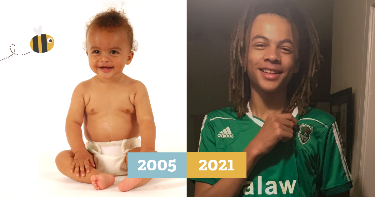 Side by side of a baby in a cloth nappy in 2005 then grown up in a green football top in 2021