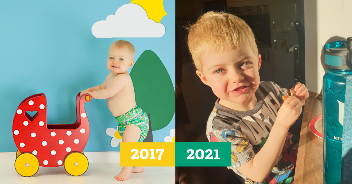 Then-and-now image of a baby boy in a cloth nappy beside an image of him at 4 years old smiling into the camera