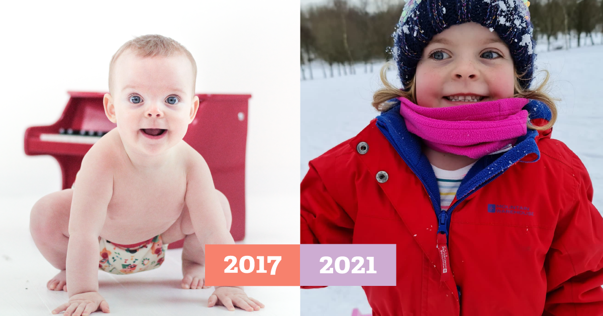 then-and-now image of baby girl crawling in a cloth nappy beside photo of her at 4 years old smiling in the snow